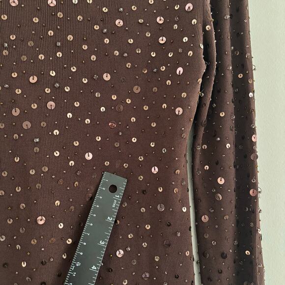 Pierri New York Brown V Neck Knit Top Beaded Sequin Embellishment Size Medium - Picture 7 of 16